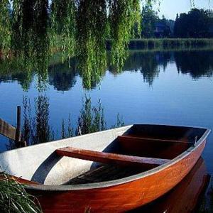 un barco de madera sentado en medio de un lago en Lakeside Bed and Breakfast Berlin - Pension Am See en Falkensee