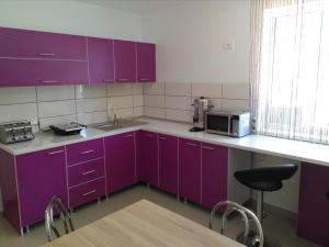 ママイア・ノルドにあるVila Sunny Jopの紫色のキッチン(シンク、電子レンジ付)