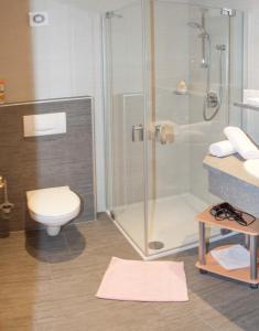 a bathroom with a shower and a toilet and a sink at Jedelerhof in Neustift im Stubaital