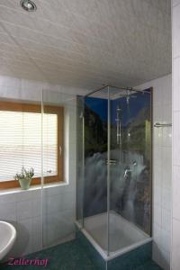 a shower with a glass door in a bathroom at Zellerhof in Finkenberg