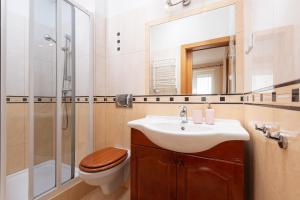 Un baño con lavabo, inodoro y ducha. en Kojak, en Jastrzębia Góra 51 fotos más