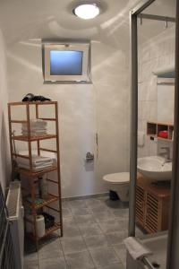 a bathroom with a sink and a toilet and a tv at APARTHOTEL 1A in Zwickau