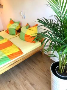 グジボボにあるPension am Ankerのベッド(カラフルな枕、鉢植えの植物付)
