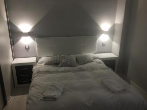 a bedroom with a bed with two pillows and two lights at Apartamento Ausonio 2 dormitorios in Mérida
