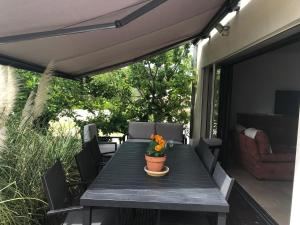 a wooden table with a pot of flowers on a patio at VillaSarda Drome in Sauzet