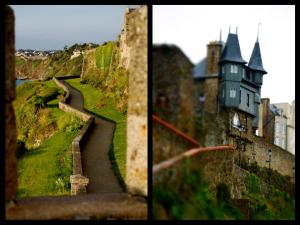 two pictures of a castle next to a wall at Le Logis du Roc in Granville