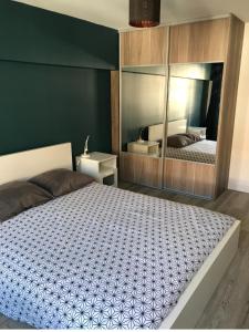 メスにあるAppartement Champéのベッドルーム(ベッド1台、大きな鏡付)