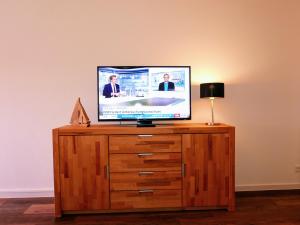 TV de pantalla plana en la parte superior de una cómoda de madera en Ferienapartement Boot, en Meersburg