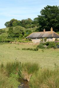 a house in the middle of a field next to a river at The Cottage Abbotsbury in Abbotsbury