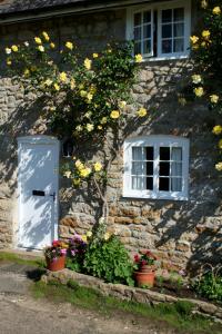 アボッツバリーにあるThe Cottage Abbotsburyの青い扉と花の石造りの家