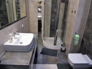 a bathroom with a sink and a shower and a toilet at MOne - fajny apartament w centrum Wrocławia in Wrocław