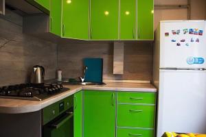 トヴェリにあるApartaments69のキッチン(緑のキャビネット、白い冷蔵庫付)