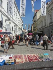 een groep mensen die door een straat lopen met verkopers bij Szinva Apartman Miskolc in Miskolc