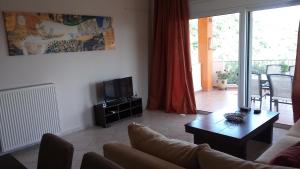 een woonkamer met een bank en een tv bij Olive Tree Apartments in Parga