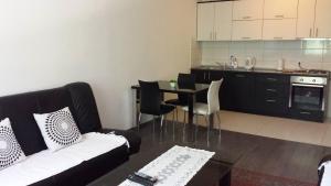 a living room with a couch and a table and a kitchen at Private Home Rifat in Dubrave Gornje