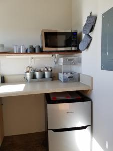 a kitchen with a counter with a microwave and a refrigerator at Escalante Cabins & RV Park in Escalante