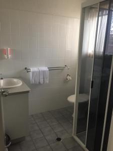 a bathroom with a shower, sink, and toilet at Bundaberg Spanish Motor Inn in Bundaberg
