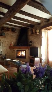 een woonkamer met een open haard en een televisie bij Casa Templers in Horta de San Joan