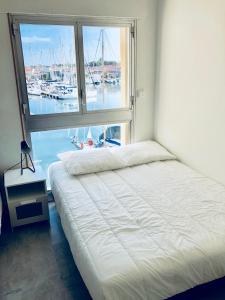 una camera con un letto e una finestra con un porto turistico di 3 plan des boucaniers a Cap d'Agde