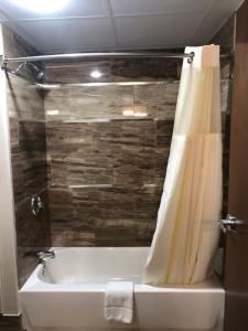 a bathroom with a bath tub with a shower curtain at The Lincoln Hotel Philadelphia in Trevose