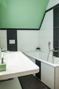 a bathroom with a sink and a bath tub at Altstadt-Apartment in Freiberg