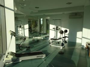 シオーフォクにあるClub 218 Wellness + Panoráma Apartman Siófokのミラー、トレッドミル、ウェイトが備わるジム