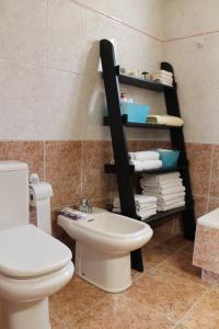a bathroom with a toilet and a shelf with towels at Atico centro Alicante in Alicante