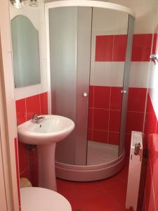 a bathroom with a sink and a shower at Casa de vacanță Orsi in Sovata +20 photos