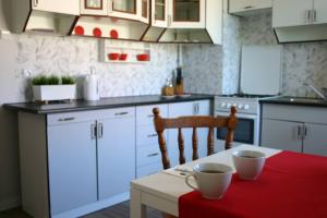 Baltica Apartament في غدانسك: مطبخ مع طاولة عليها كوبين
