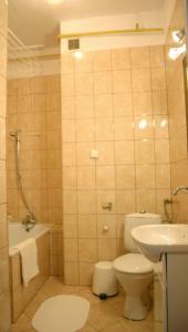 Baltica Apartament في غدانسك: حمام مع مرحاض ومغسلة ودش