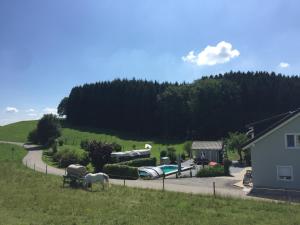 vistas a una granja con caballos pastando en la hierba en Hafners im Allgäu, en Kisslegg