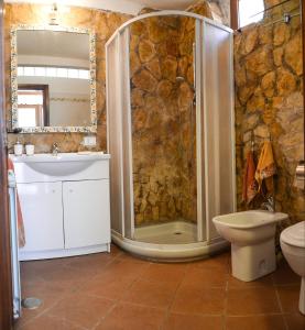 uma casa de banho com um chuveiro, um lavatório e um WC. em Il Gioiello del Circeo em San Felice Circeo