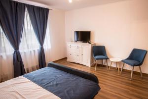 a bedroom with a bed and two chairs and a tv at Heaven in Sălişte