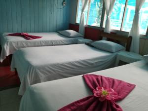 - un groupe de 3 lits dans une chambre avec fenêtres dans l'établissement Hotel Margarita Sierpe, à Sierpe