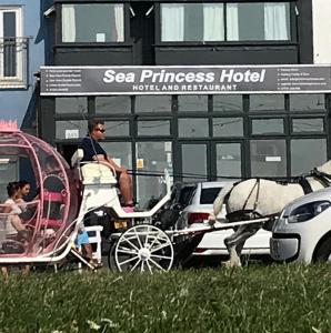 a horse pulling a carriage with a man and a child at Sea Princess Hotel Blackpool in Blackpool