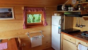 a kitchen with a refrigerator and a table and a window at Gnezdo Vid-ik in Čatež ob Savi