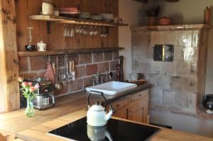 a kitchen with a sink and a brick wall at La Maison 1603 in Hunawihr