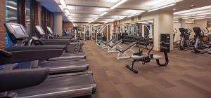 un gimnasio con filas de cintas de correr y bicicletas estáticas en Hyatt Lodge Oak Brook Chicago, en Oak Brook