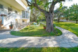 a table and chairs under a tree next to a house at The Olive Garden in Limenas +44 photos