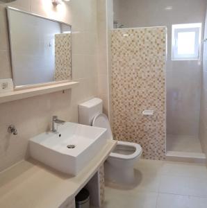 La salle de bains est pourvue d'un lavabo, de toilettes et d'une douche. dans l'établissement Apartments Mia Bilo, à Podgreben