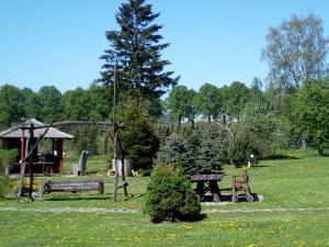 CzernikiにあるAgroturystyka Andrzejówkaのピクニックテーブルと木のある公園