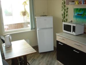 a kitchen with a white refrigerator and a microwave at Siguldas Street Apartment in Ventspils in Ventspils