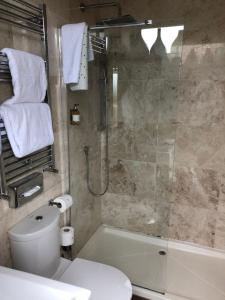 a bathroom with a shower and a toilet and a sink at The Wheatley Arms in Ilkley