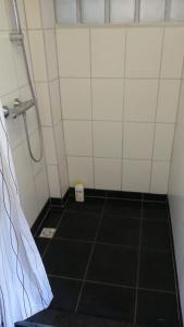 uma pequena casa de banho com um chuveiro e piso em azulejo em studio-appartement in paardenstal em Colijnsplaat
