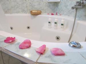 a bathroom with pink roses on a bath tub at Apartmani Lovro in Ogulin