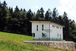 een wit huis op een heuvel met een stenen muur bij Ferienhaus Grobauer II in Schwarzenberg am Bohmerwald