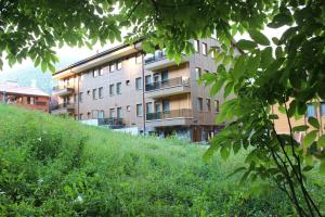 an apartment building on a grassy hill next to a building at Etap Uzungöl Suite Hotel in Uzungöl