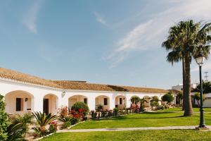 a building with a palm tree and a yard at La Codorniz in Tarifa