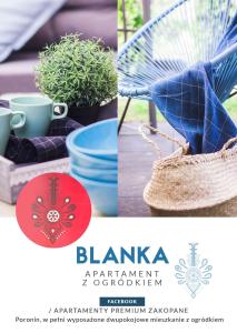 eine Collage mit Fotos mit einem blauen Stuhl und einer Pflanze in der Unterkunft Apartament PREMIUM Blanka in Poronin