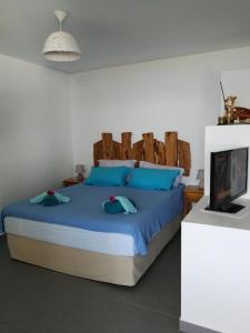 a bedroom with a bed with blue pillows and a tv at Christou Homes in Steni Vala Alonissos